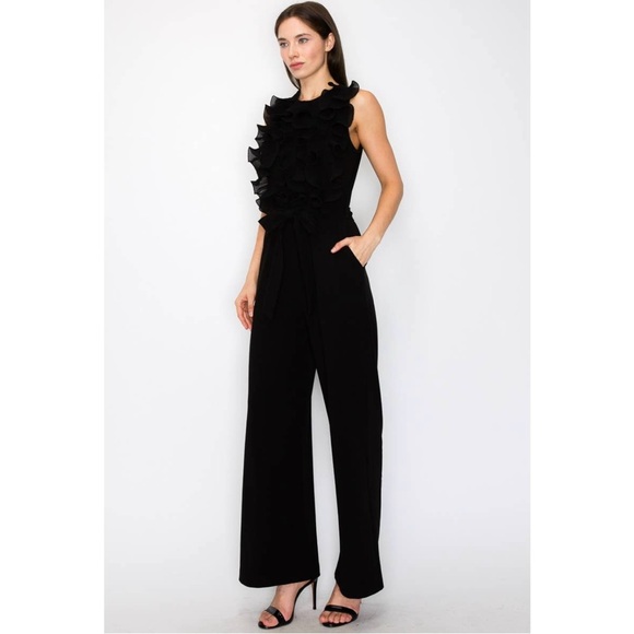 NWT Boutique Brooke Front Ruffled Sleeveless Jumpsuit | Belted Organza Detail - Picture 4 of 7